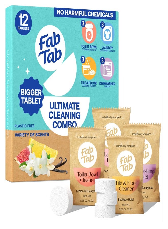 Fab Tab مجموعة تنظيف فاب تاب للعطلات والسفر - خالية من البلاستيك، مدعومة بالإنزيمات لإزالة البقع الصعبة، بصمة كربونية منخفضة، خالية من المواد الكيميائية الضارة، مغلفة بشكل فردي - 12 قرصًا - Image 1